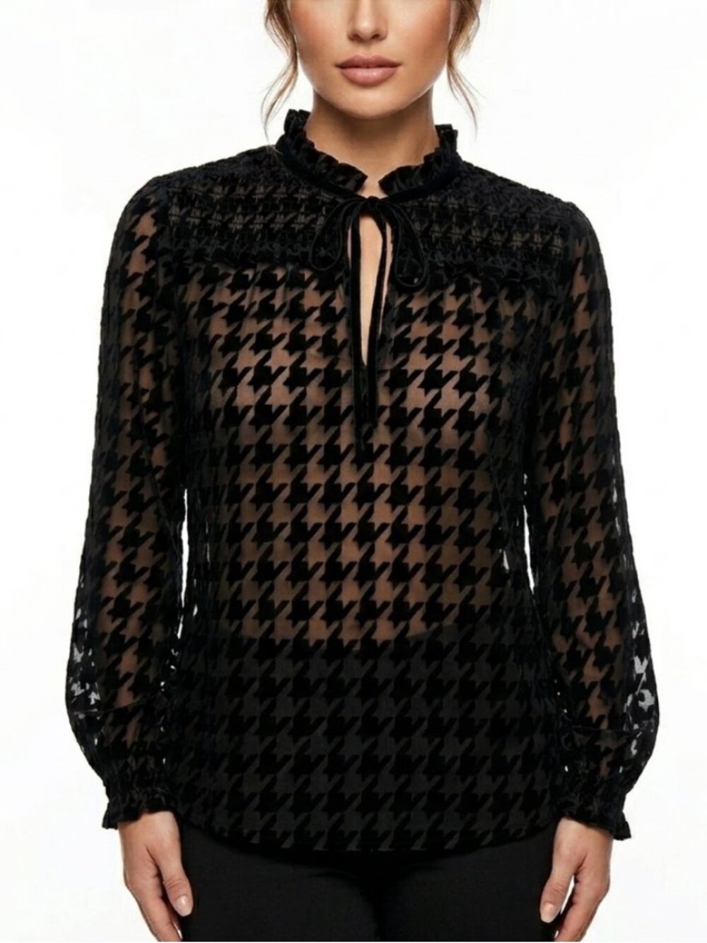 Zara Black Sheer Velvet Houndstooth Tie Neck Blouse XS